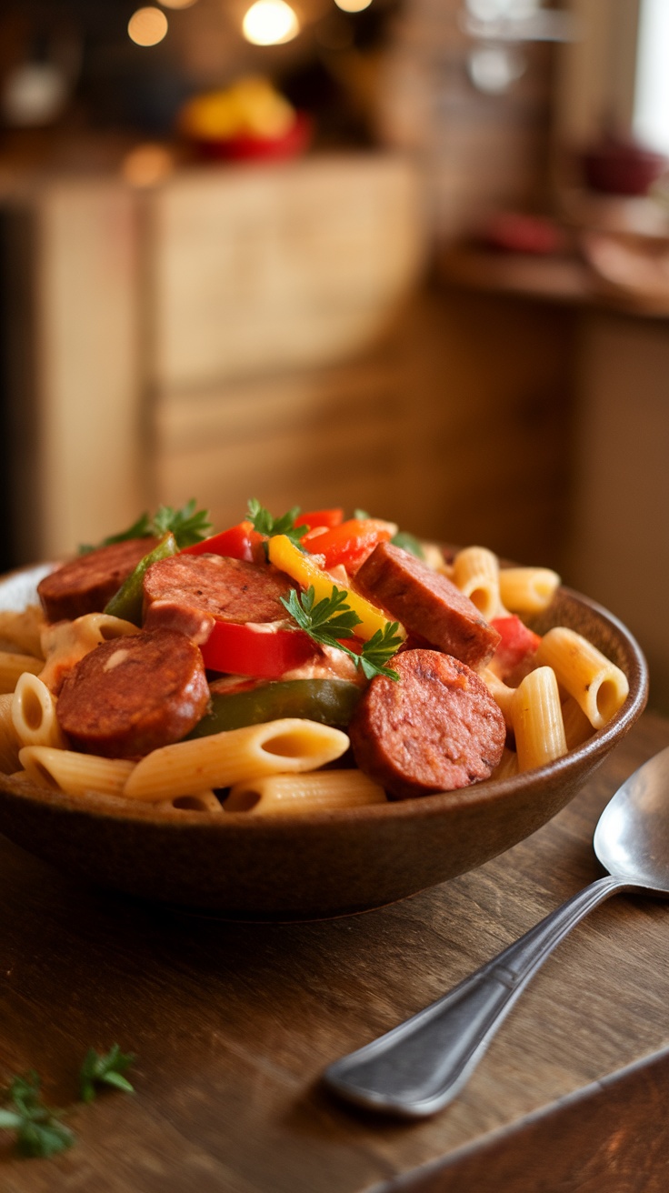 Spicy One-Pot Cajun Sausage Pasta Recipe A bowl of spicy Cajun sausage pasta with penne, Andouille sausage, and bell peppers, garnished with parsley on a wooden table.